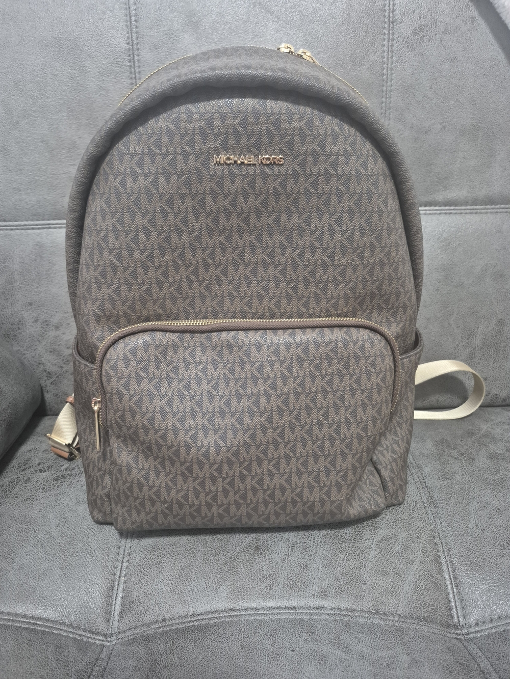 Michael Kors Brown MK Monogram Backpack with Gold Accents
